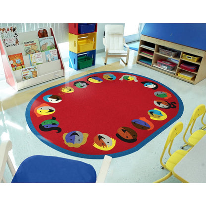 Kid Essentials Joyful Faces 7'8" x 10'9" Oval Area Rug in Color Red