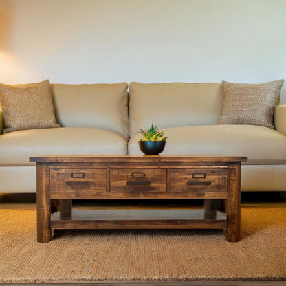 48-Inch Gray Coffee Table with Three Drawers, Acacia and MDF Construction