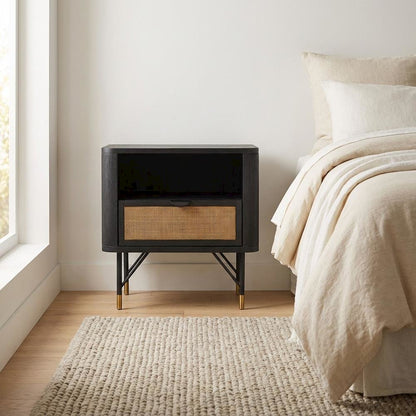 Black Acacia Nightstand with Rattan Accent and Sturdy Legs