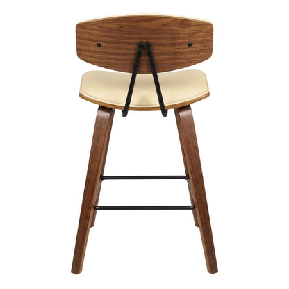 Cream Faux Leather Mid-Century Counter Height Barstool with Walnut Wood Finish