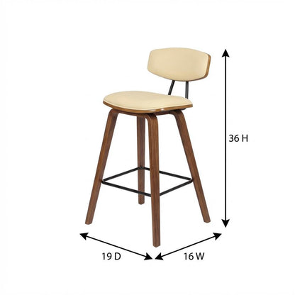 Cream Faux Leather Mid-Century Counter Height Barstool with Walnut Wood Finish