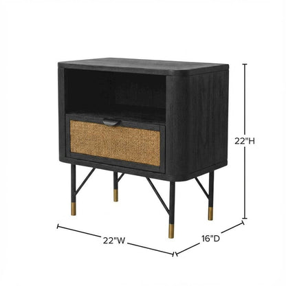 Black Acacia Nightstand with Rattan Accent and Sturdy Legs