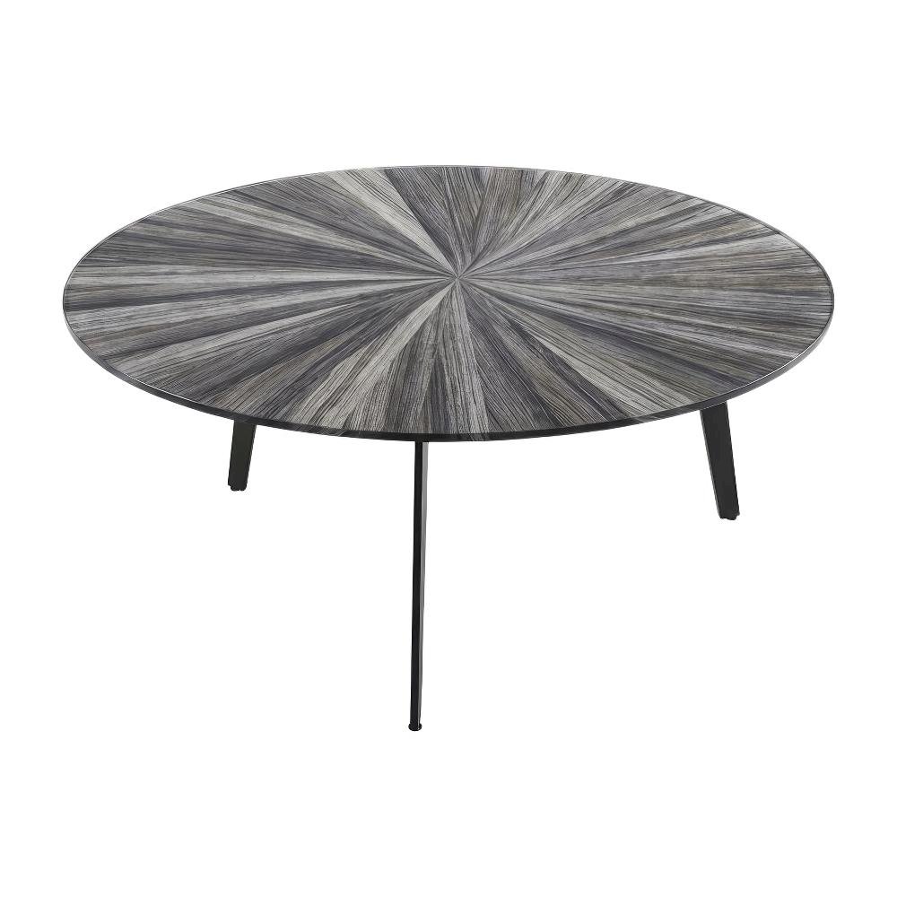 Gray Round Coffee Table with Tempered Glass Top and Metal Tripod Base