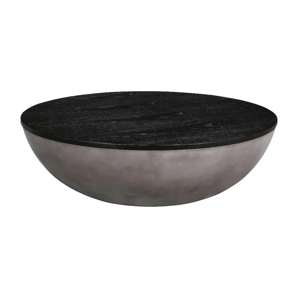 Round Concrete Coffee Table with Black Brushed Oak Top and Durable Oak Base