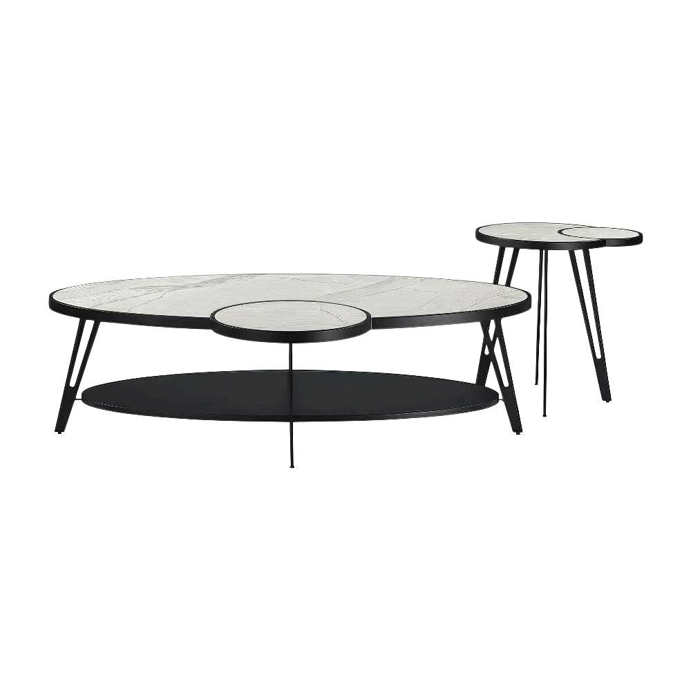 Oval White Coffee Table Set with Sintered Stone Top and Metal Frame, 2-Piece