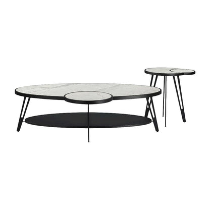 Oval White Coffee Table Set with Sintered Stone Top and Metal Frame, 2-Piece