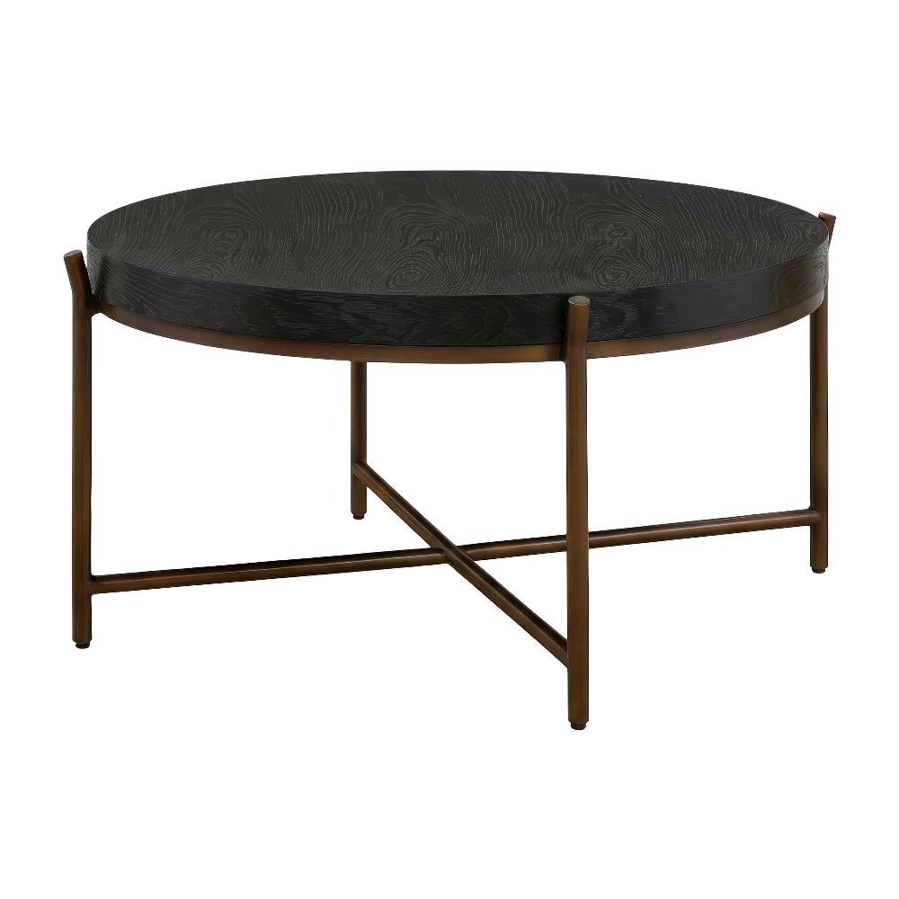 Brushed Oak and Metal Round Coffee Table with Sturdy Frame and Modern Design