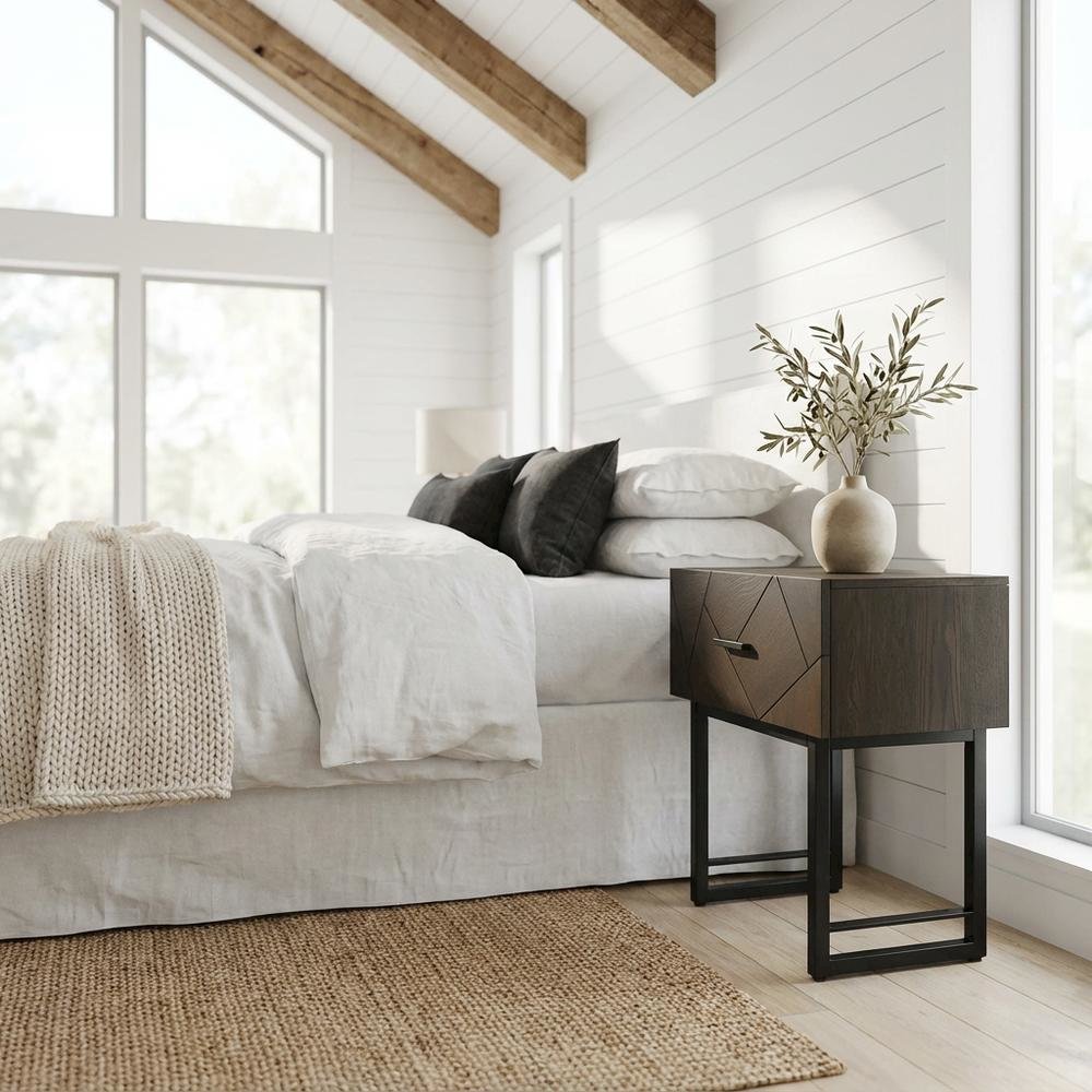 Smoke Oak Nightstand with Single Drawer and Black Metal Legs