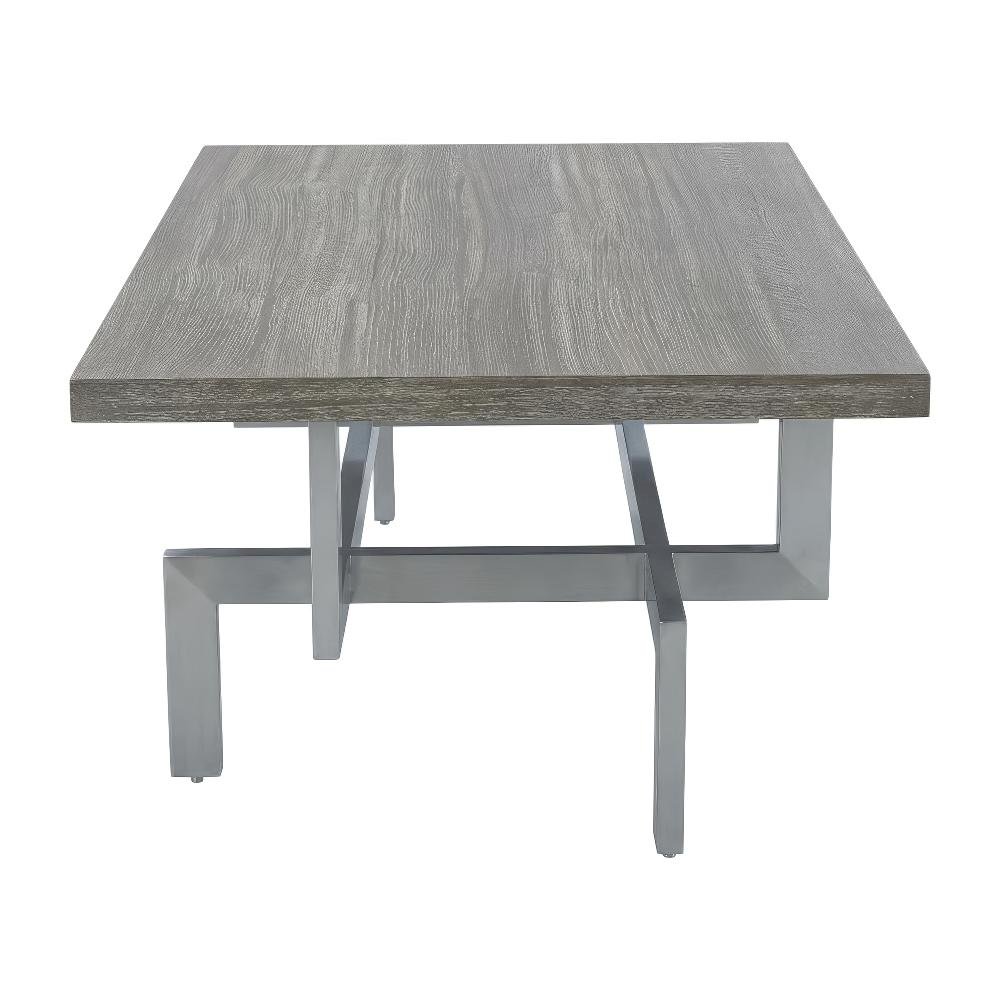 Gray Wood Coffee Table with Brushed Stainless Steel Base and Modern Design
