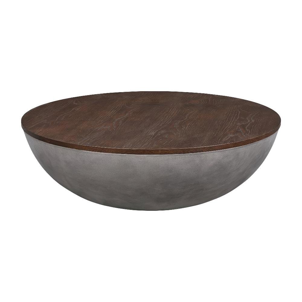 Concrete Round Coffee Table with Brown Brushed Oak Top and Sturdy Wood Base
