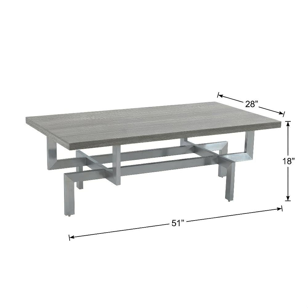 Gray Wood Coffee Table with Brushed Stainless Steel Base and Modern Design