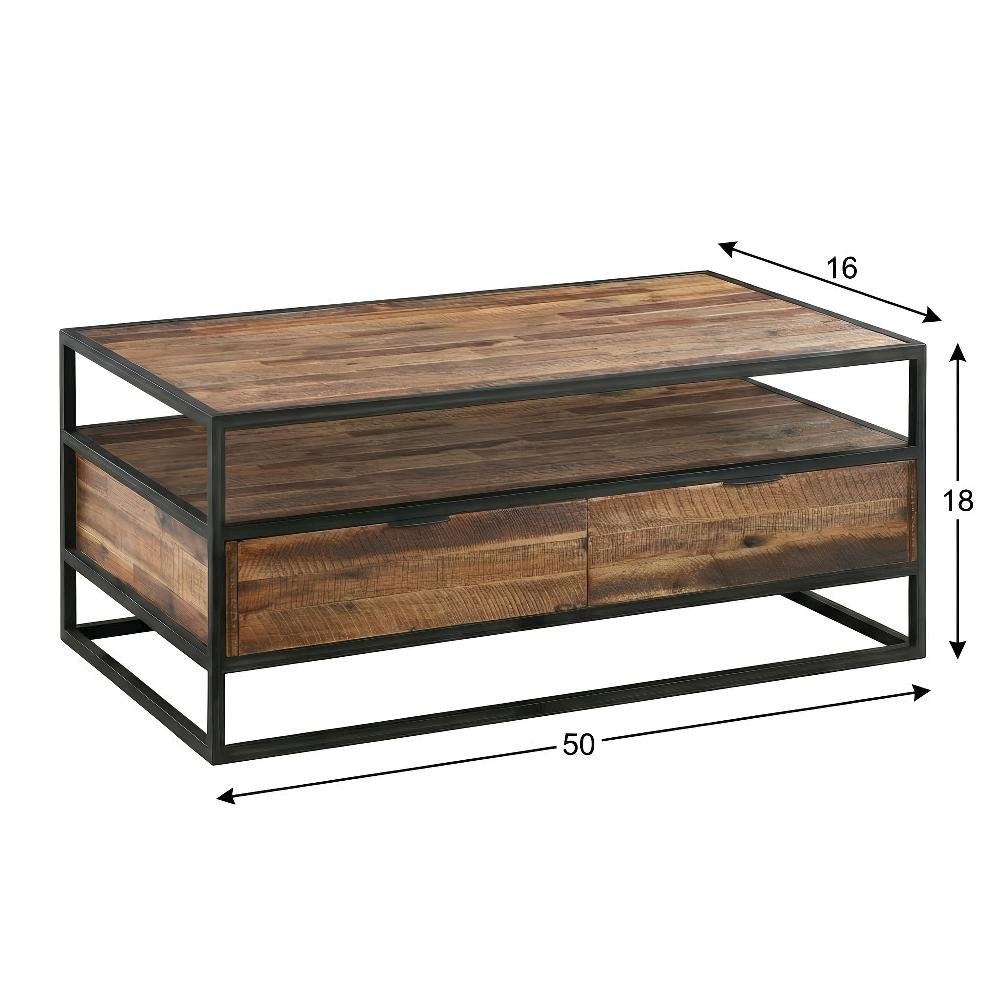 Rectangle Coffee Table in Rustic Acacia with Black Metal Frame and Storage Shelf
