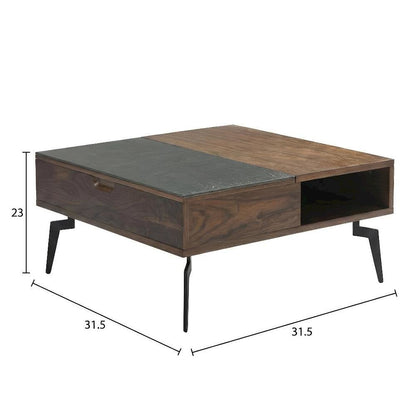 Square Lift-Top Coffee Table Walnut Finish with Sintered Stone Panel