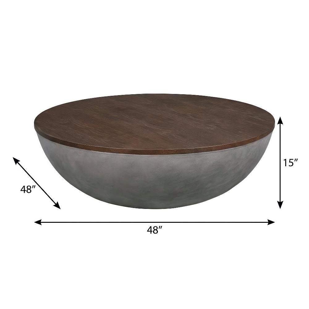 Concrete Round Coffee Table with Brown Brushed Oak Top and Sturdy Wood Base