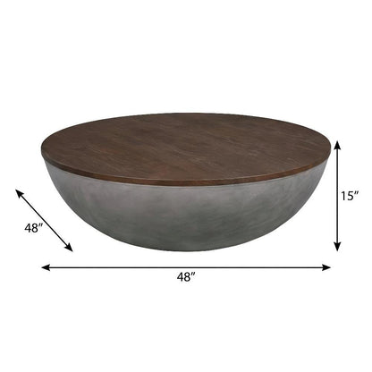 Concrete Round Coffee Table with Brown Brushed Oak Top and Sturdy Wood Base