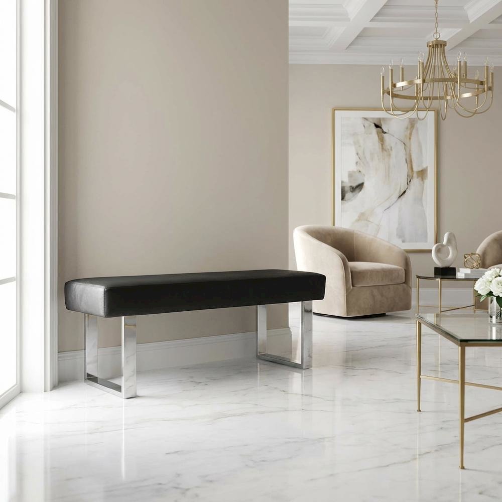 Black Upholstered Bench with Fabric Cover and Classic Design