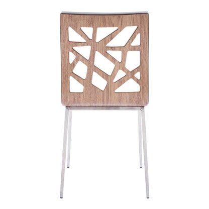 Stainless Steel Dining Chairs with Grey Faux Leather and Walnut Back, Set of 2
