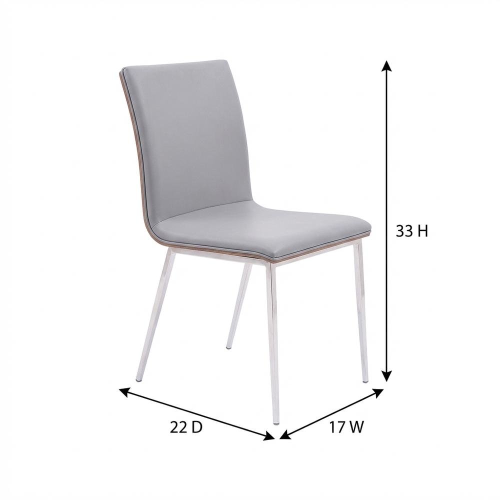 Stainless Steel Dining Chairs with Grey Faux Leather and Walnut Back, Set of 2