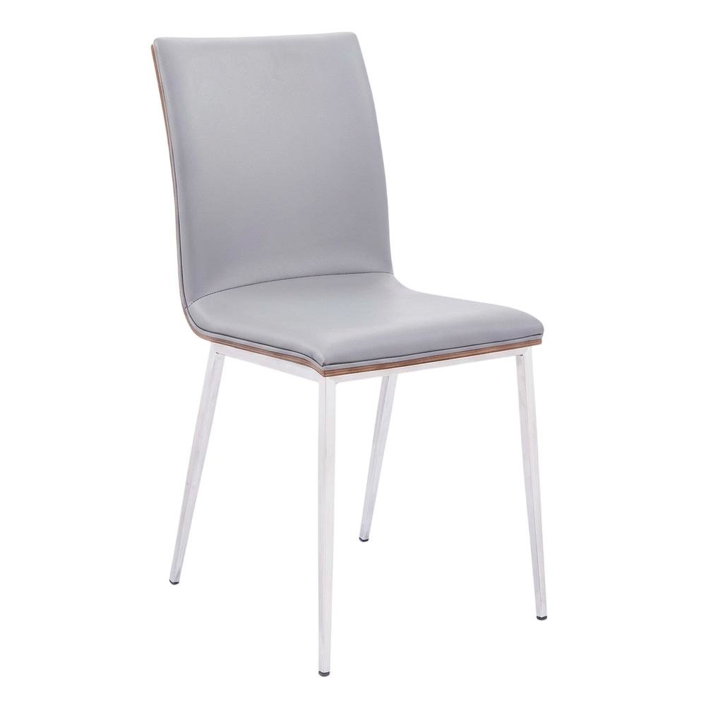 Stainless Steel Dining Chairs with Grey Faux Leather and Walnut Back, Set of 2