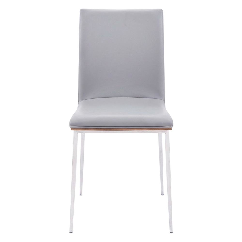 Stainless Steel Dining Chairs with Grey Faux Leather and Walnut Back, Set of 2