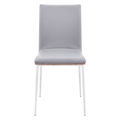 Stainless Steel Dining Chairs with Grey Faux Leather and Walnut Back, Set of 2