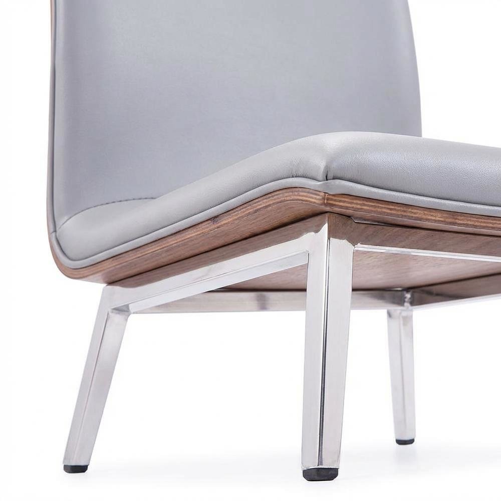 Stainless Steel Dining Chairs with Grey Faux Leather and Walnut Back, Set of 2