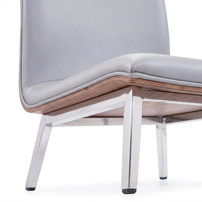 Stainless Steel Dining Chairs with Grey Faux Leather and Walnut Back, Set of 2