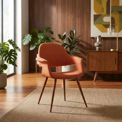 Dining Chair in Walnut Finish with Orange Polyester Upholstery for Comfort