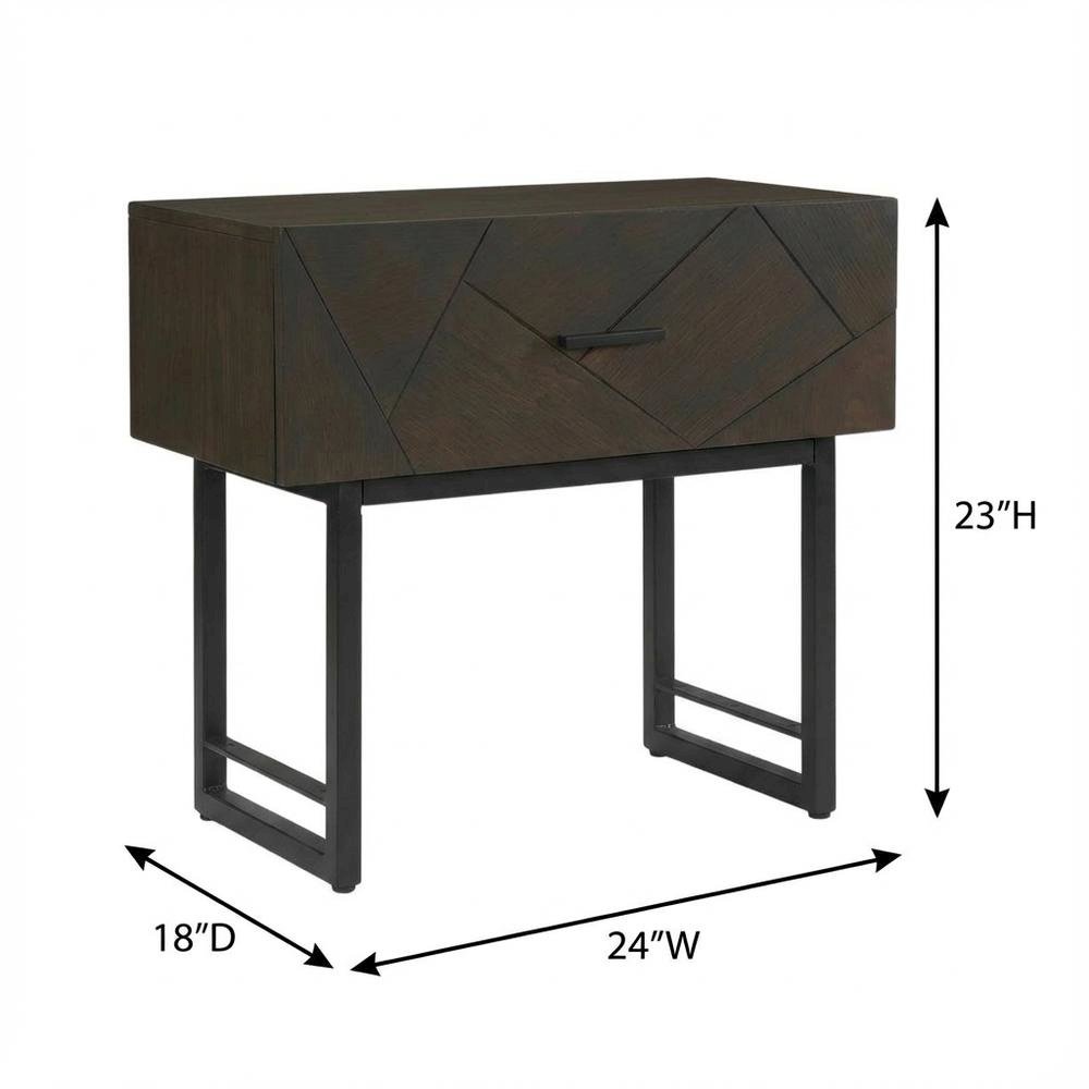 Smoke Oak Nightstand with Single Drawer and Black Metal Legs