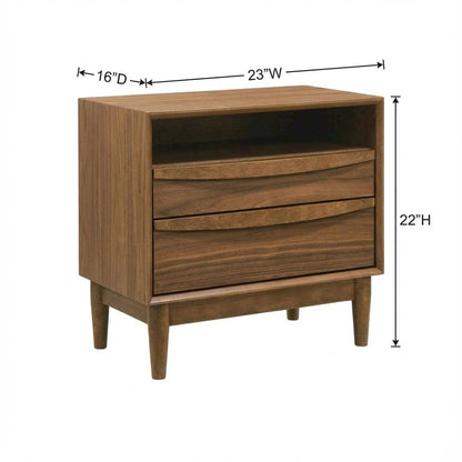 Walnut Finish Nightstand with 2 Drawers and Shelf for Bedroom Storage