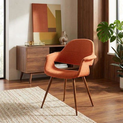 Dining Chair in Walnut Finish with Orange Polyester Upholstery for Comfort