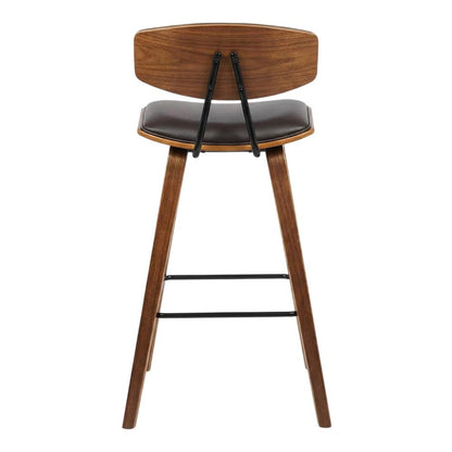 Mid-Century Brown Faux Leather Bar Height Stool with Walnut Wood Frame