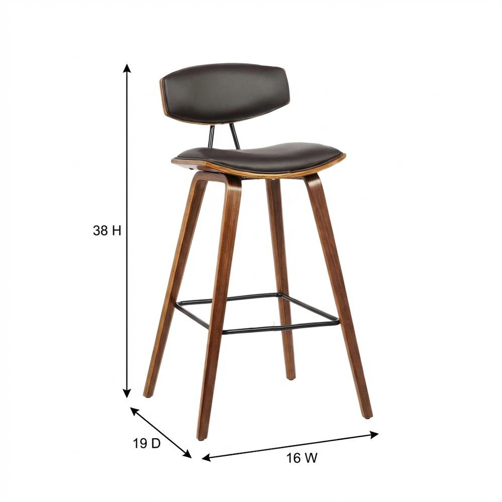 Mid-Century Brown Faux Leather Bar Height Stool with Walnut Wood Frame
