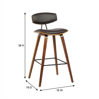 Mid-Century Brown Faux Leather Bar Height Stool with Walnut Wood Frame