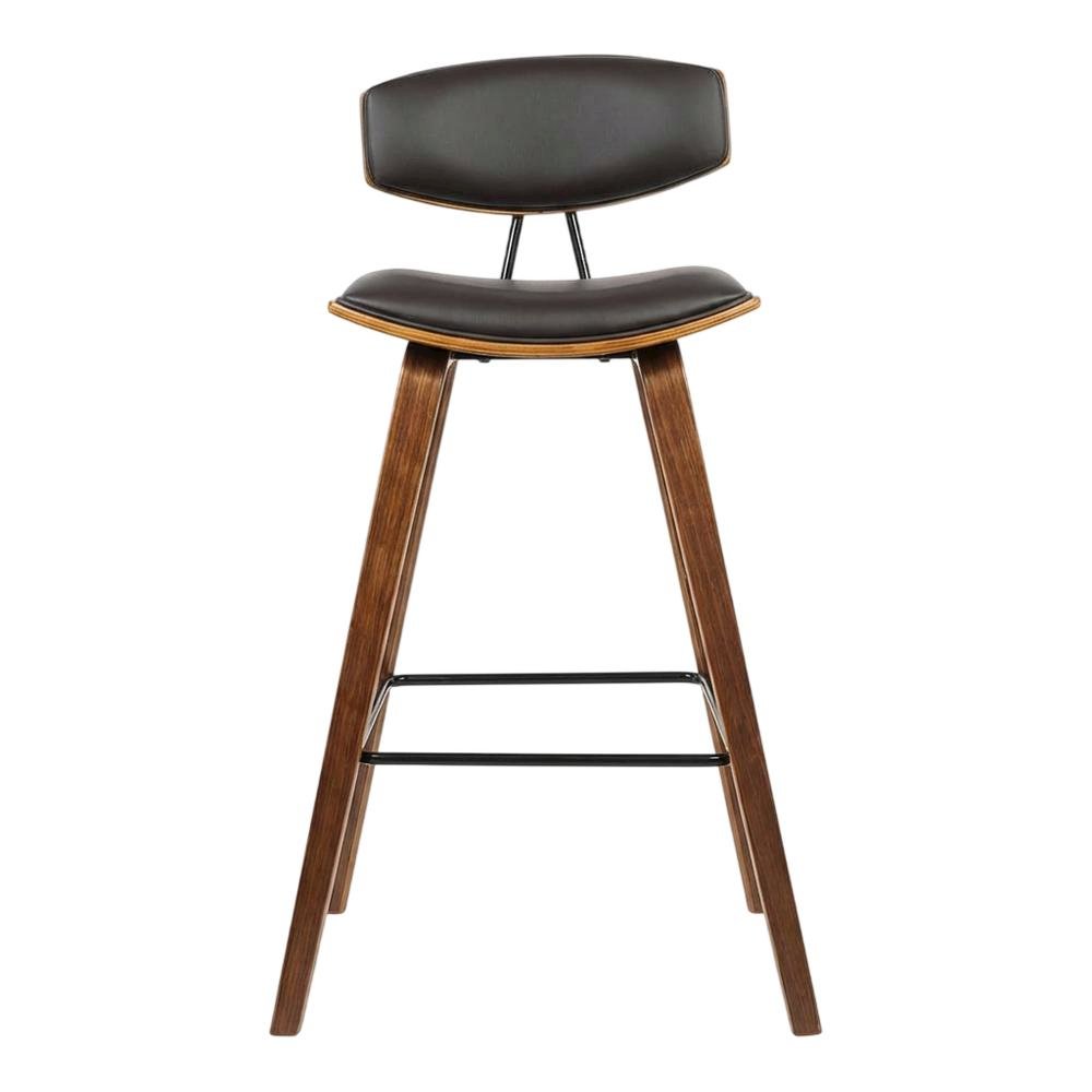 Mid-Century Brown Faux Leather Bar Height Stool with Walnut Wood Frame