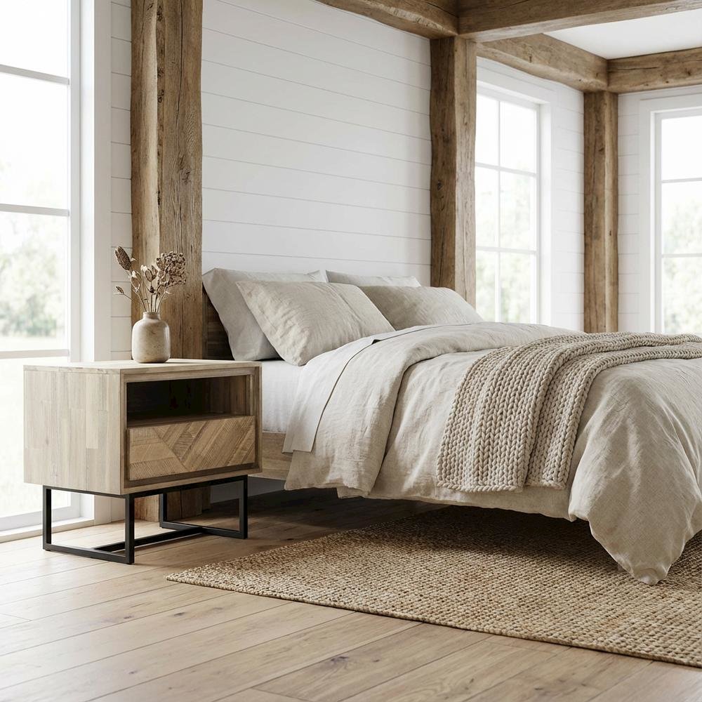 Acacia Wood Nightstand with 1 Drawer for Bedroom Storage