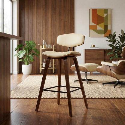 Cream Faux Leather Mid-Century Counter Height Barstool with Walnut Wood Finish