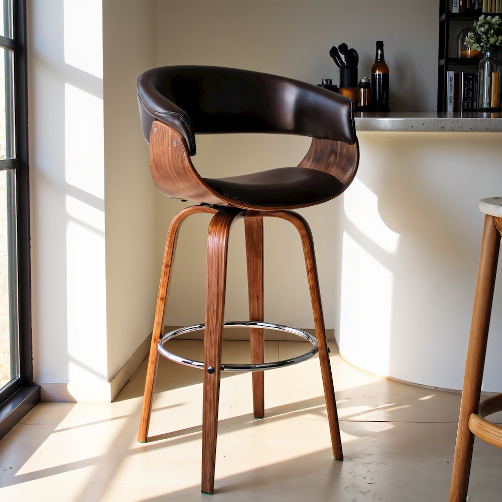 Mid-Century Swivel Bar Stool with Adjustable Height and Walnut Finish