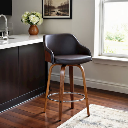 Swivel Counter Bar Stool with Walnut Wood Finish and Brown Faux Leather