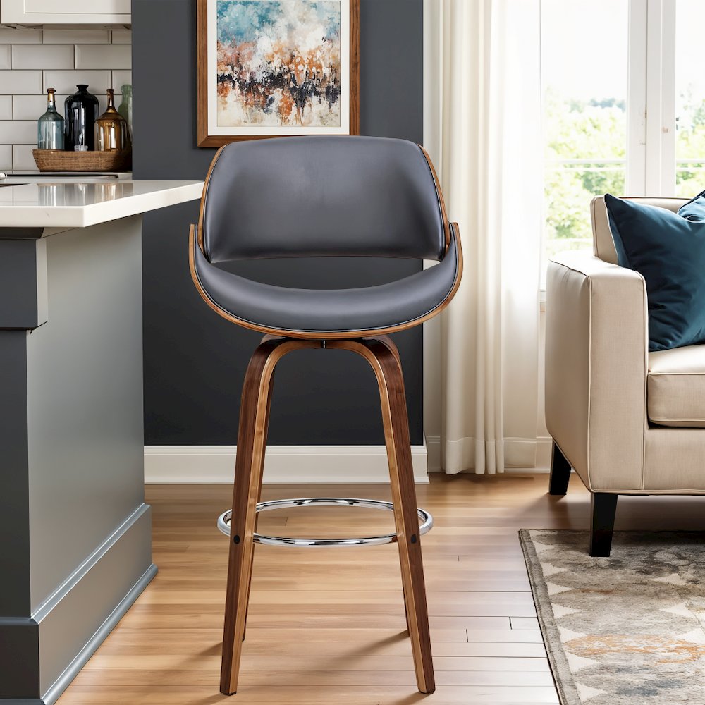 Swivel Counter Bar Stool with Walnut Wood Finish and Grey Faux Leather