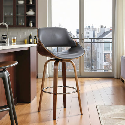 Swivel Counter Bar Stool with Walnut Wood Finish and Grey Faux Leather