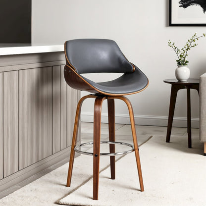 Swivel Counter Bar Stool with Walnut Wood Finish and Grey Faux Leather