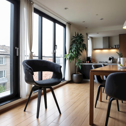 Mid-Century Modern Dining Chair with Black Wood Finish and Charcoal Fabric