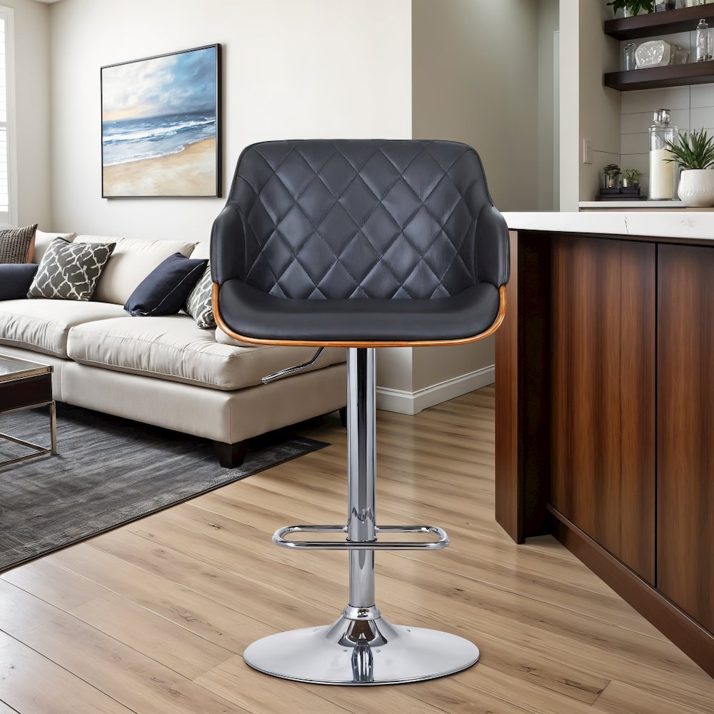 Adjustable Swivel Bar Stool with Grey Faux Leather and Walnut Finish