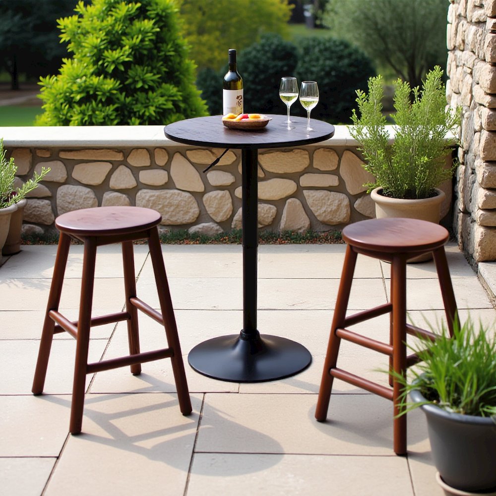 Adjustable Black Pub Table with Brushed Wood Top and Metal Base