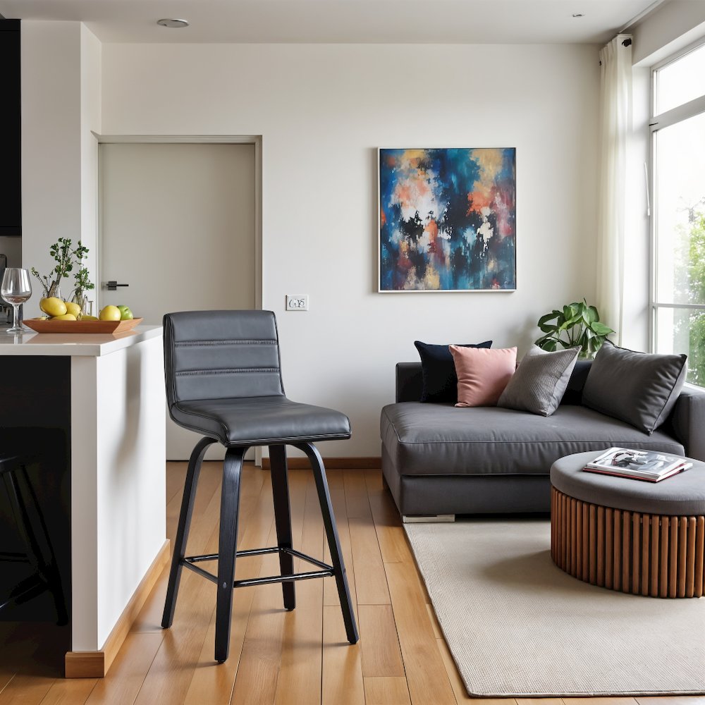 Swivel Counter Stool in Black Brushed Wood with Grey Faux Leather Seat