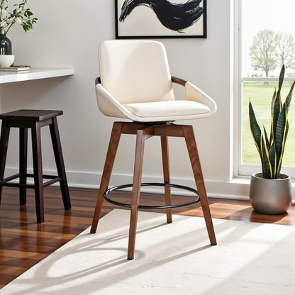 Swivel Counter Stool with Walnut Wood Frame and Faux Leather Seat