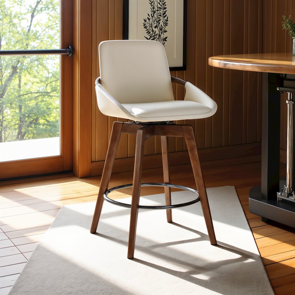 Swivel Counter Stool with Walnut Wood Frame and Faux Leather Seat