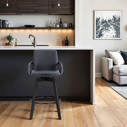 Swivel Wood Bar Chair with Black Faux Leather Seat for Counter Height