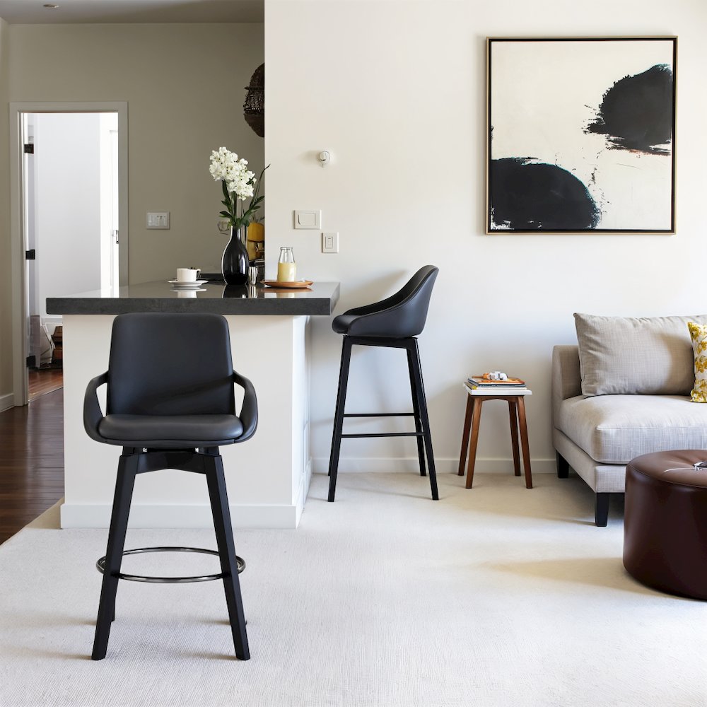 Swivel Wood Bar Chair with Black Faux Leather Seat for Counter Height